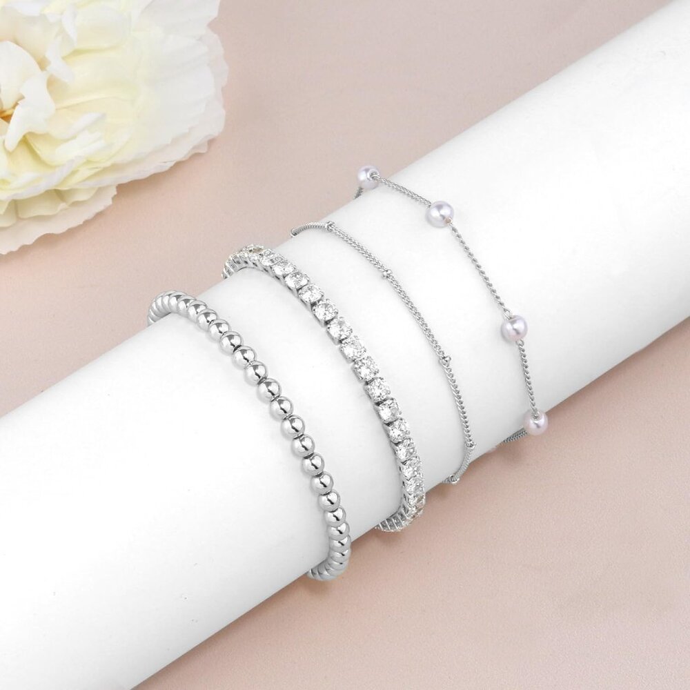 Pearl Silver Gold 4 Pcs Bracelets Stack Dainty Je… - image 5